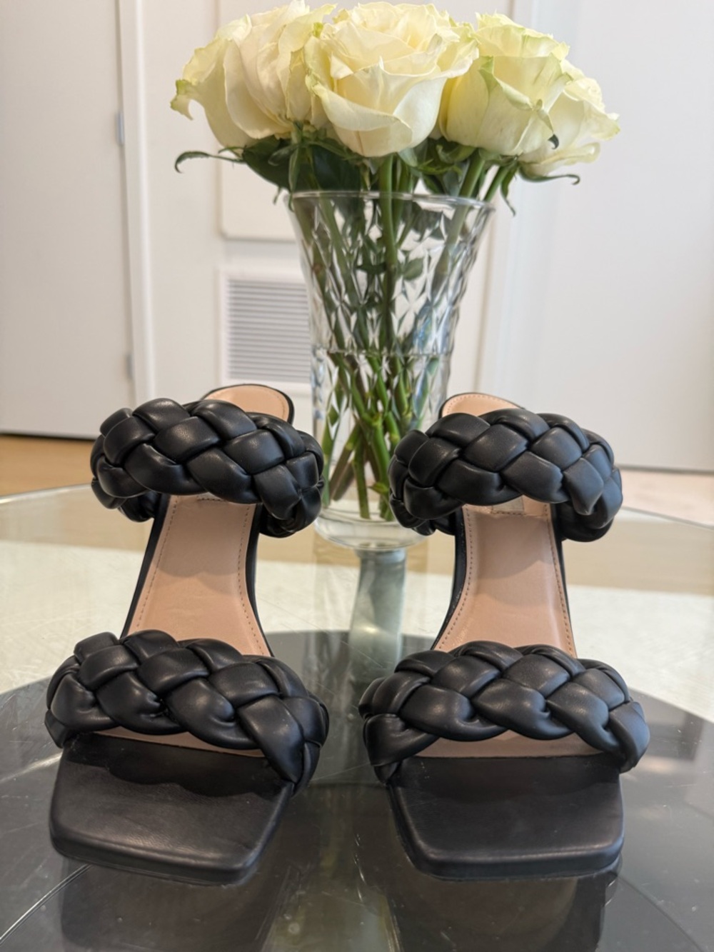 Steve Madden Black Braided Double-Strap Slide Heels